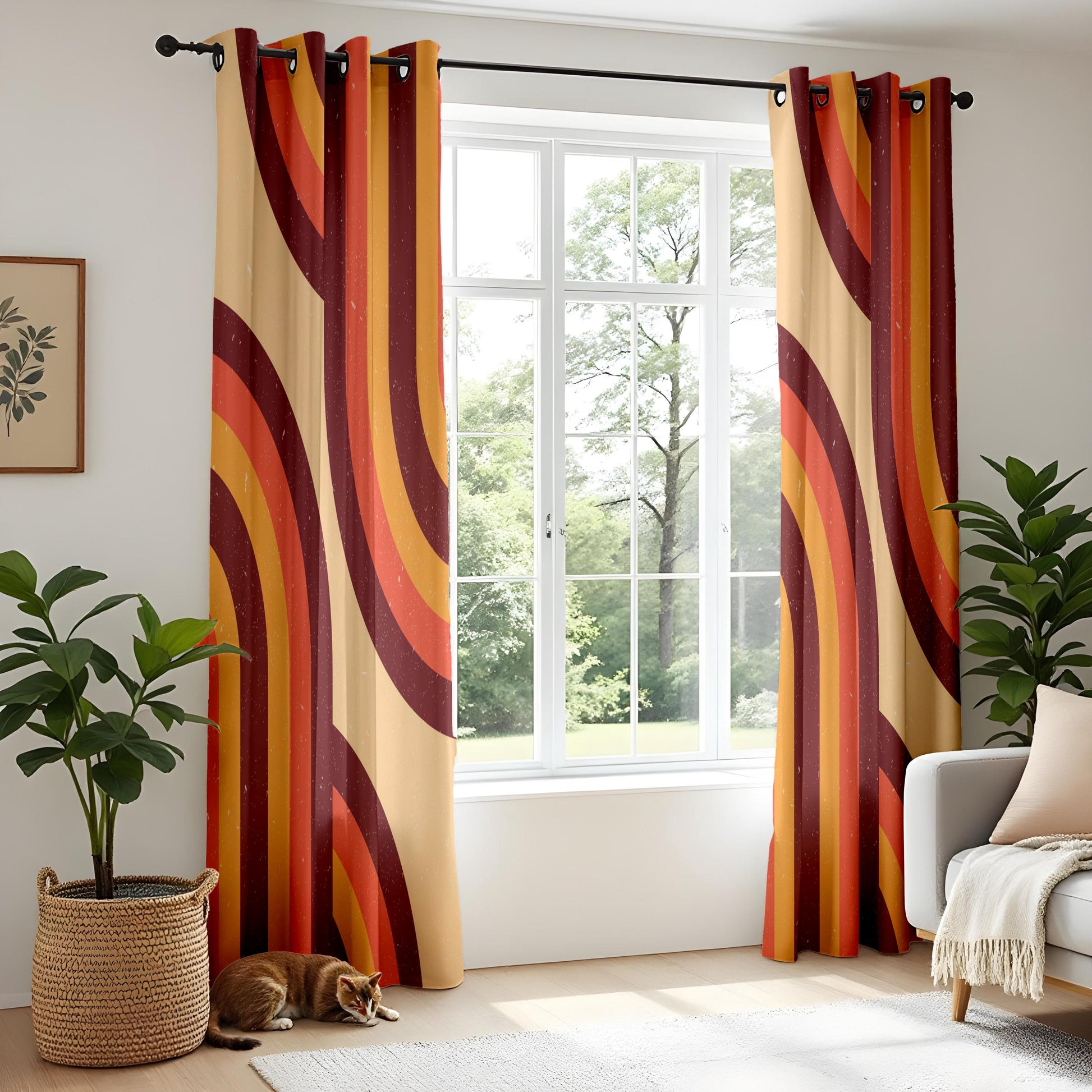 Onay Retro 70s Style Curtains – Burnt Orange & Mustard Wavy Drapes