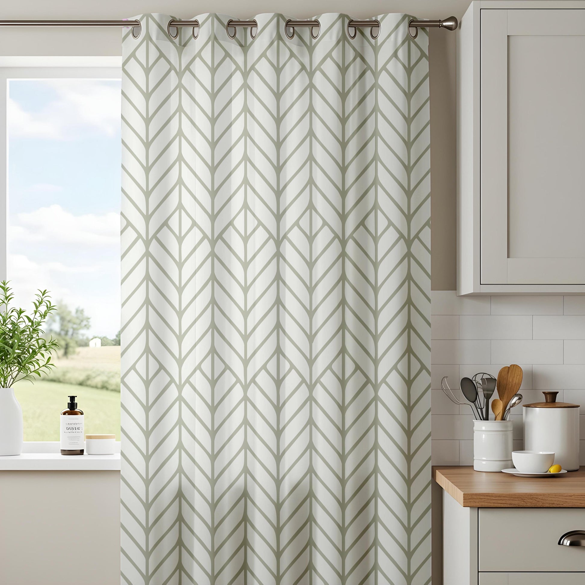 Onay Sage Green Geometric Curtains – Modern Herringbone Pattern Drapes