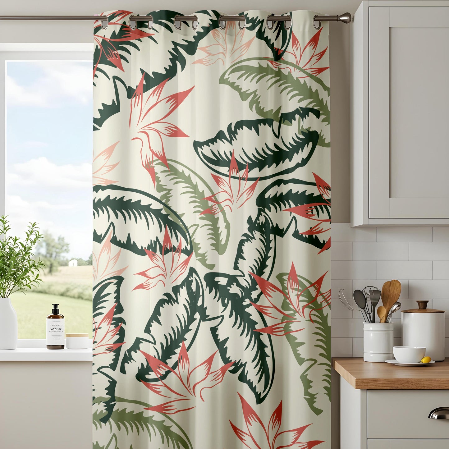 Onay Tropical Palm Leaf Curtains – Green and Coral Botanical Drapes