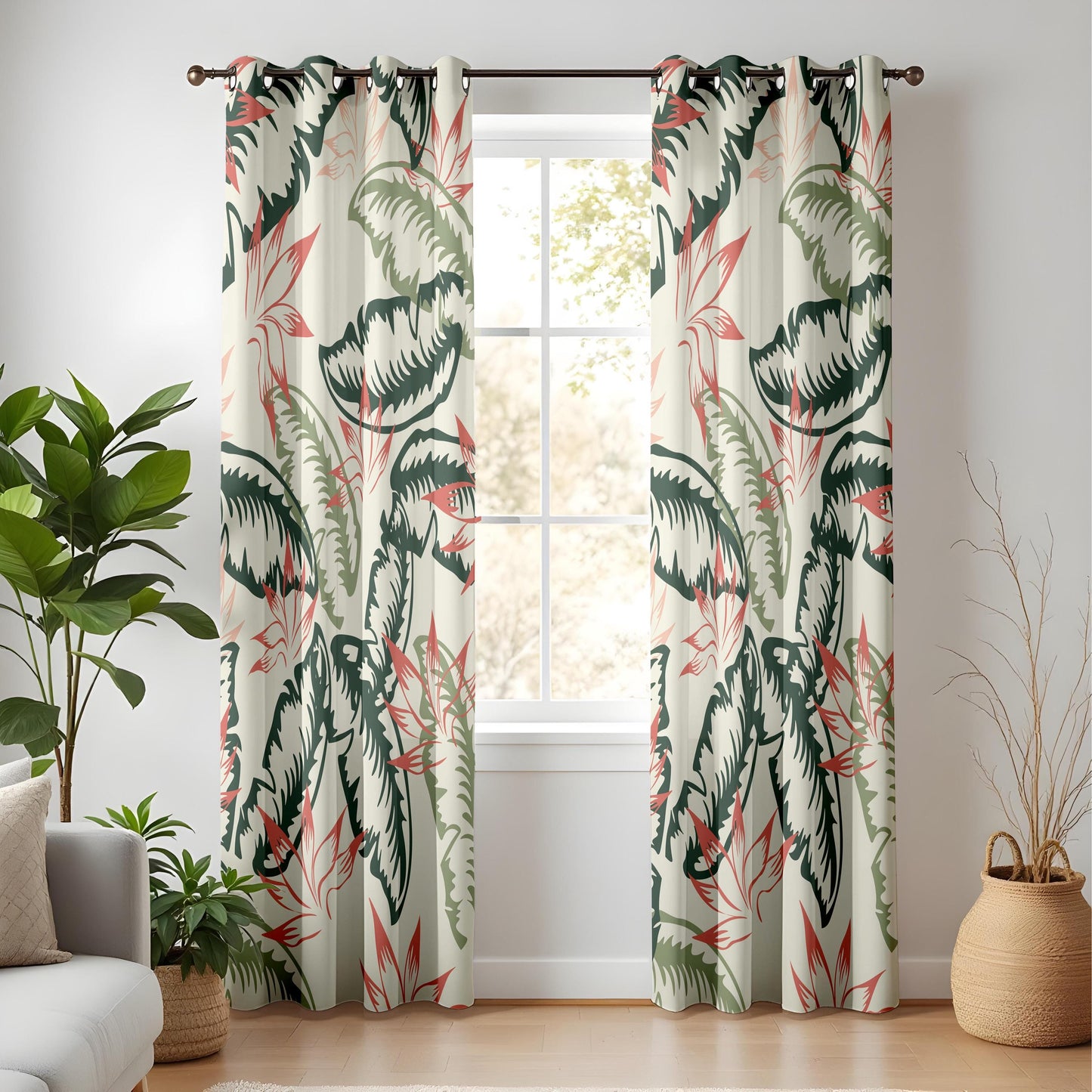 Onay Tropical Palm Leaf Curtains – Green and Coral Botanical Drapes