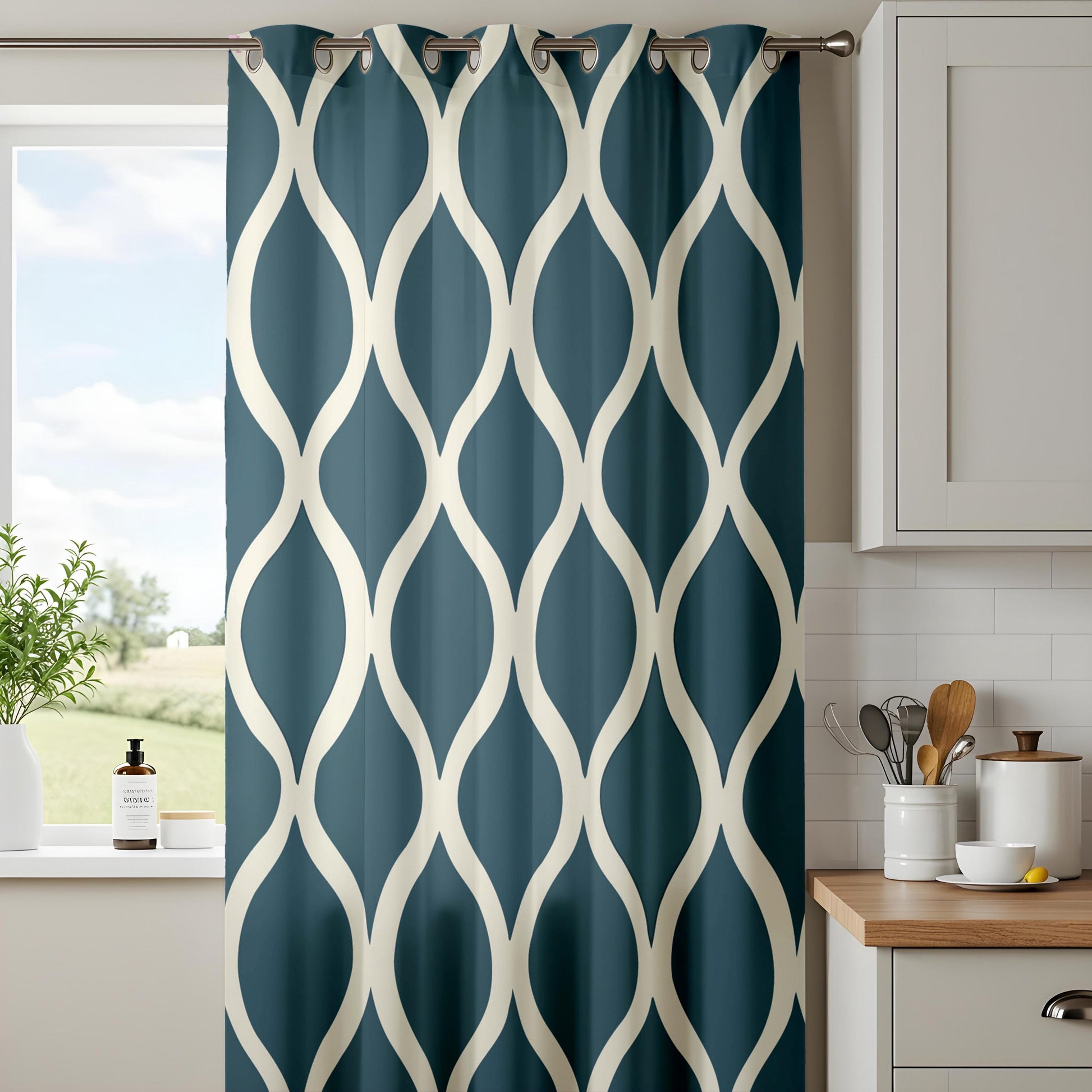 Onay Navy Blue Ogee Curtains – Modern Geometric Trellis Drapes