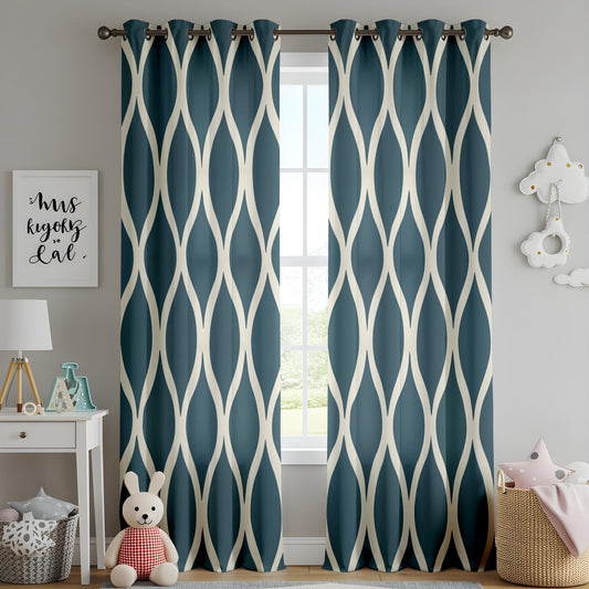 Onay Navy Blue Ogee Curtains – Modern Geometric Trellis Drapes
