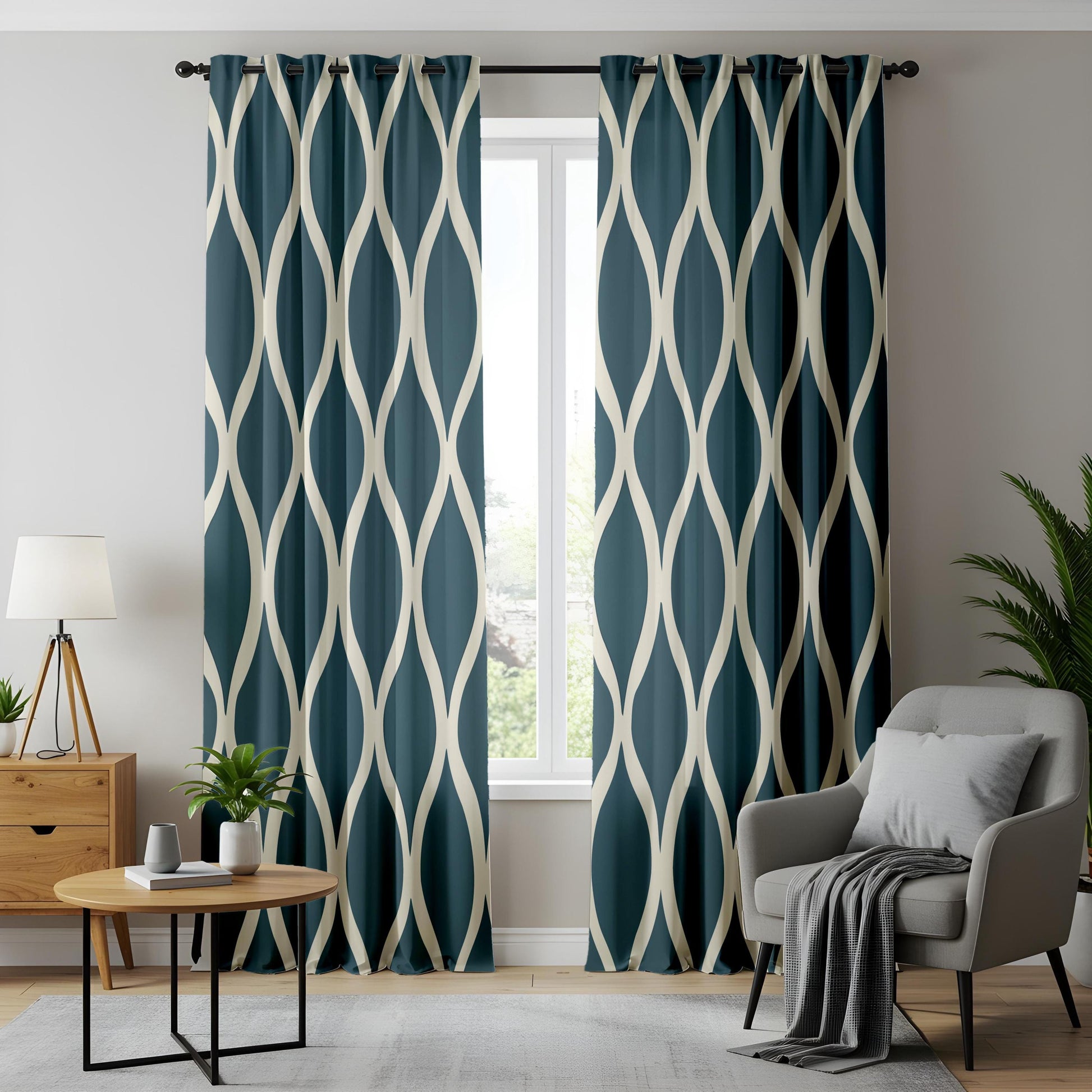 Onay Navy Blue Ogee Curtains – Modern Geometric Trellis Drapes