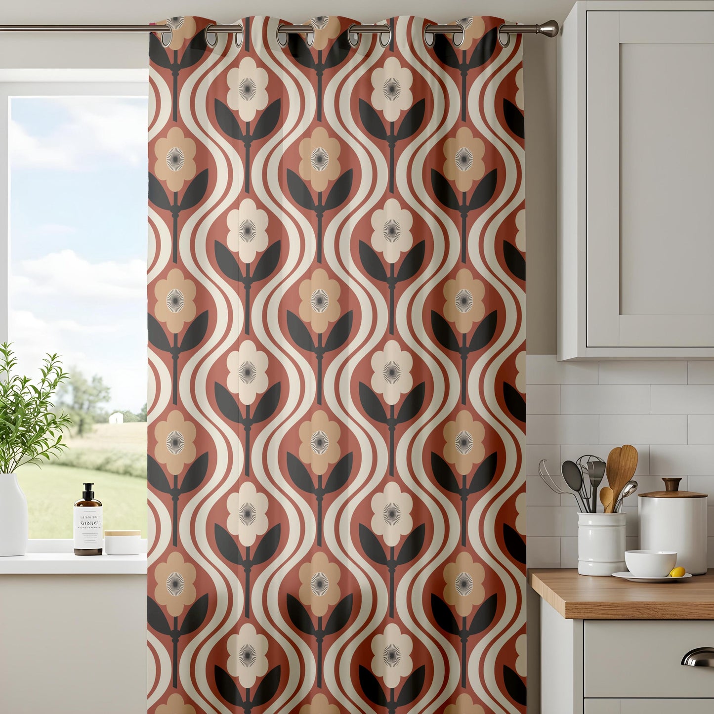 Onay Retro 70s Floral Curtains – Rust Orange Ogee Drapes