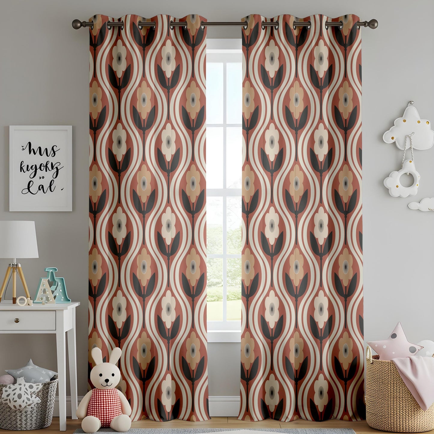Onay Retro 70s Floral Curtains – Rust Orange Ogee Drapes