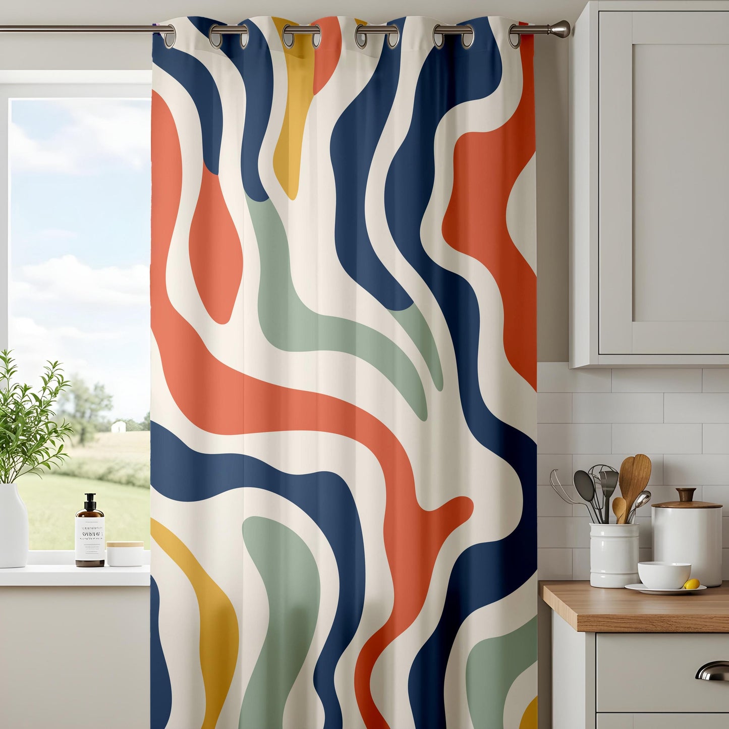 Onay Colorful Abstract Wavy Curtains – Modern Navy Rust Mint Drapes
