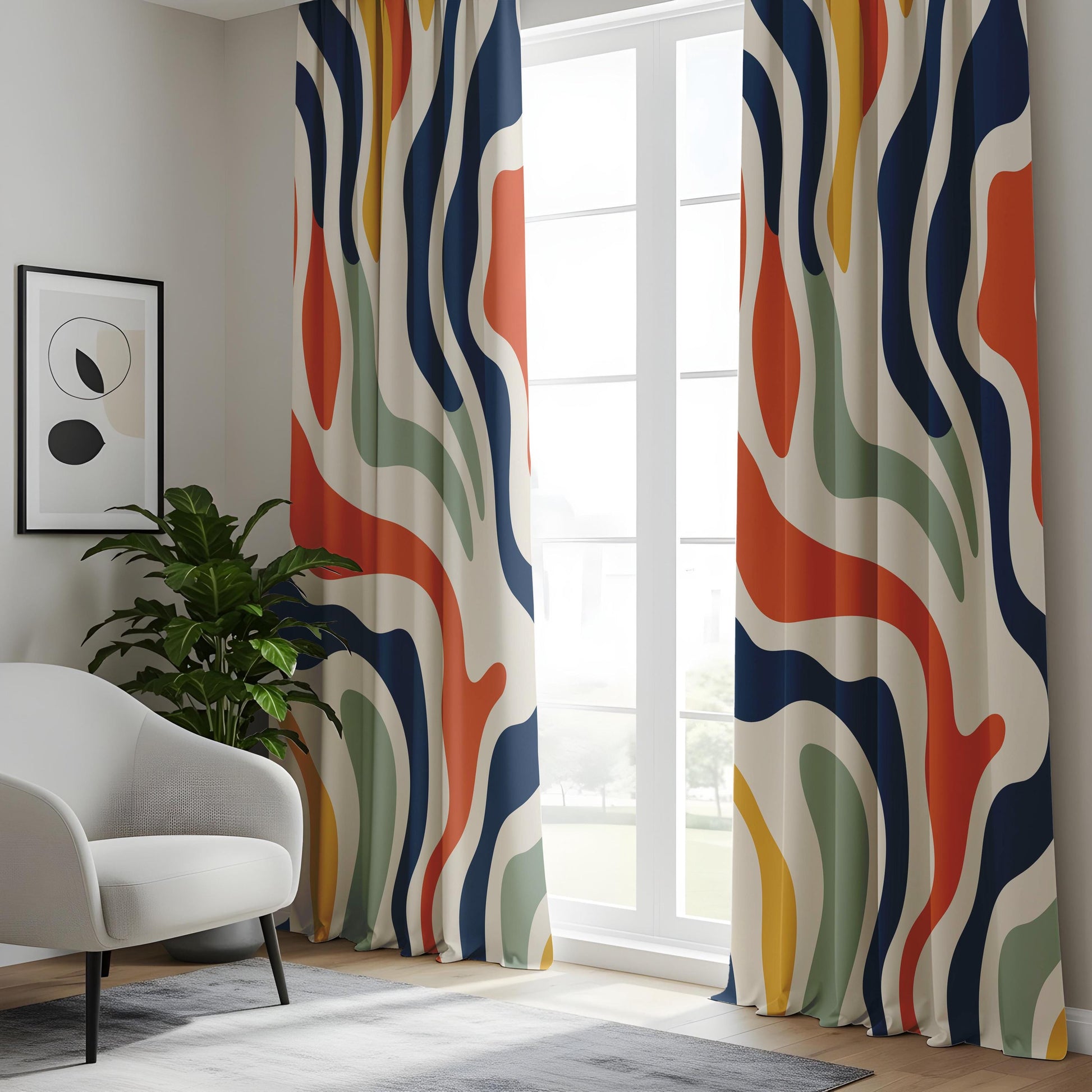 Onay Colorful Abstract Wavy Curtains – Modern Navy Rust Mint Drapes