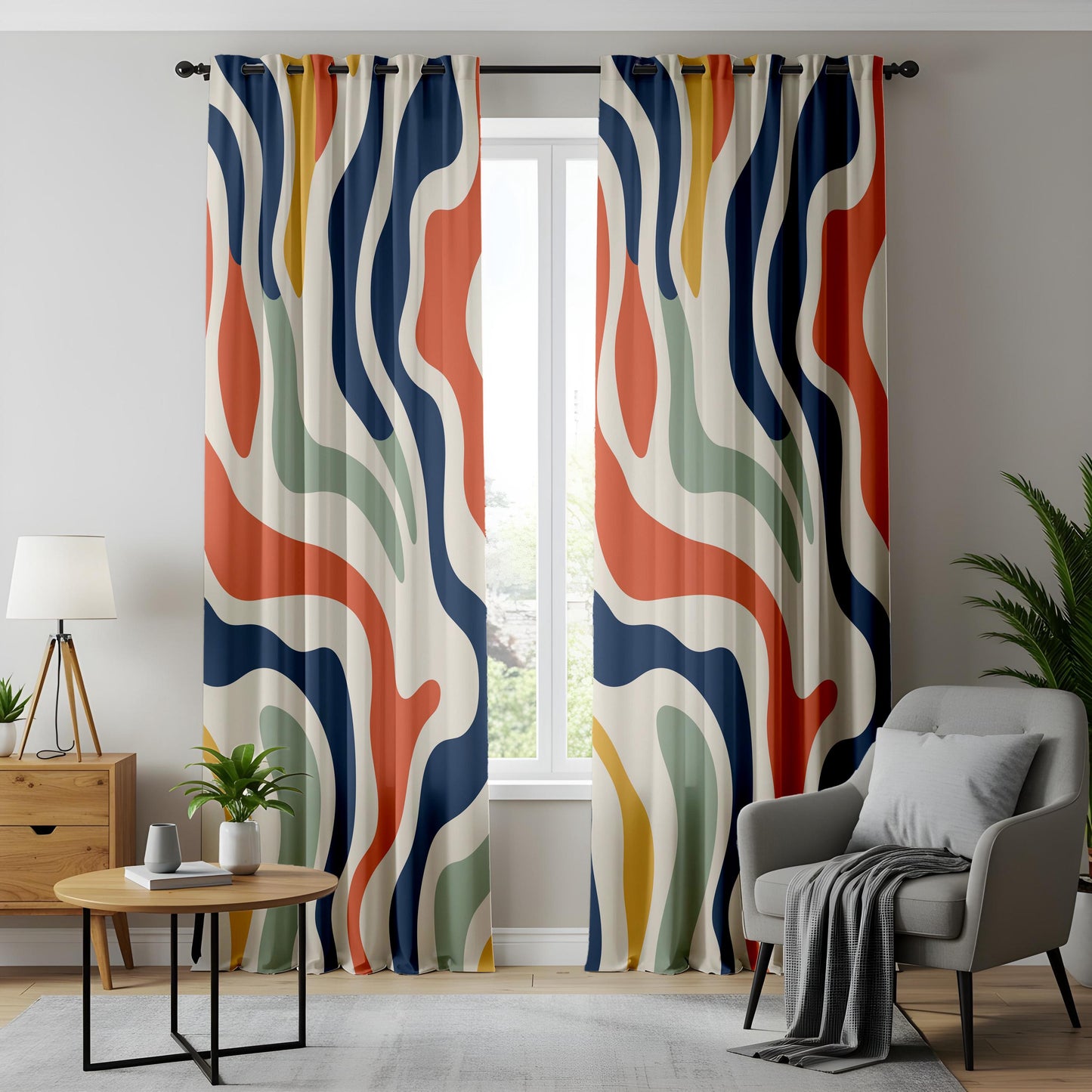 Onay Colorful Abstract Wavy Curtains – Modern Navy Rust Mint Drapes