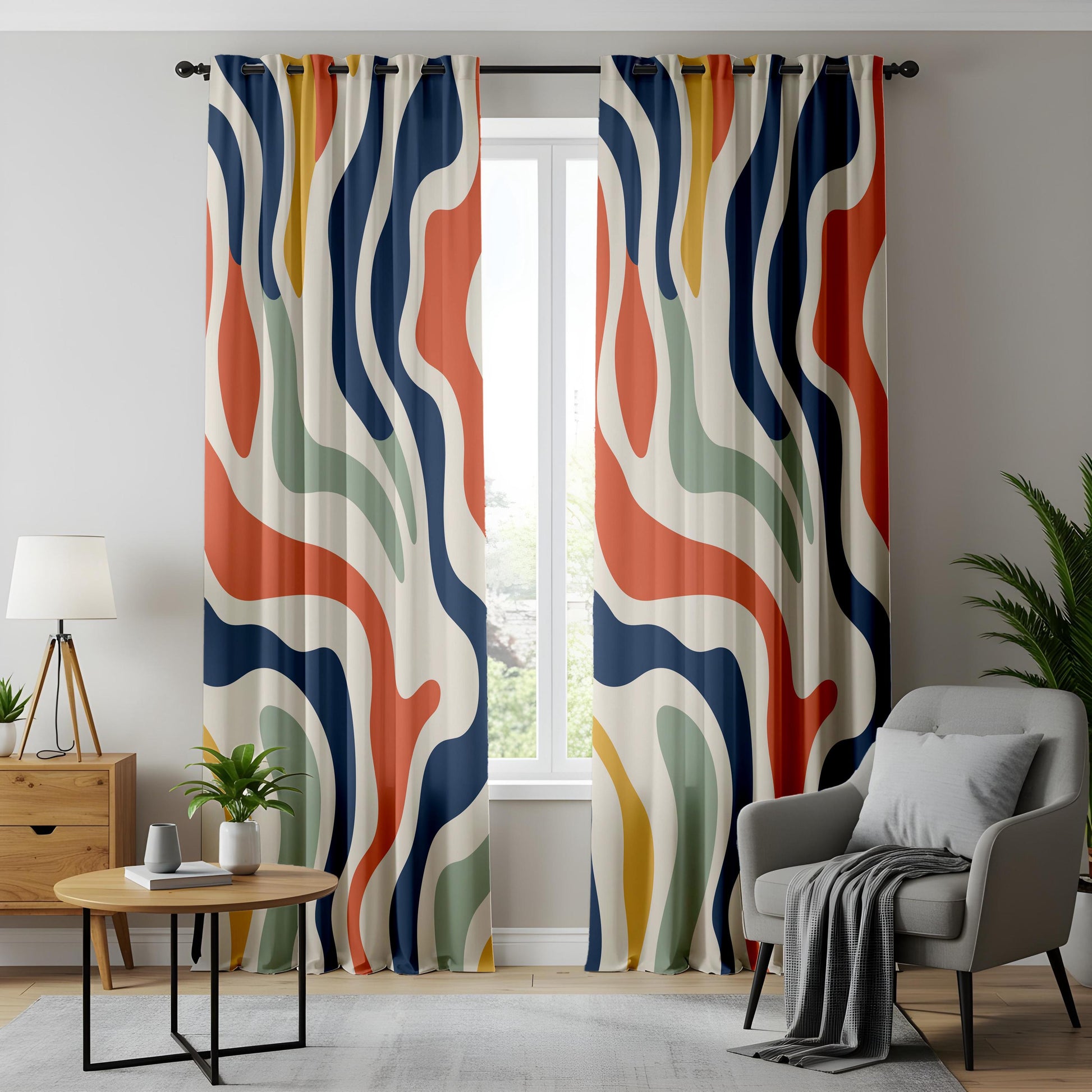Onay Colorful Abstract Wavy Curtains – Modern Navy Rust Mint Drapes