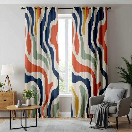 Onay Colorful Abstract Wavy Curtains – Modern Navy Rust Mint Drapes