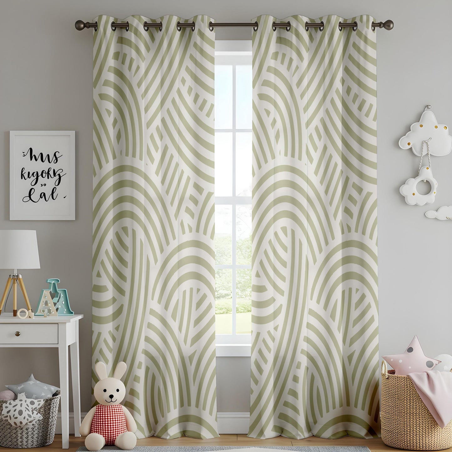 Onay Sage Green Abstract Arch Curtains – Modern Geometric Boho Drapes