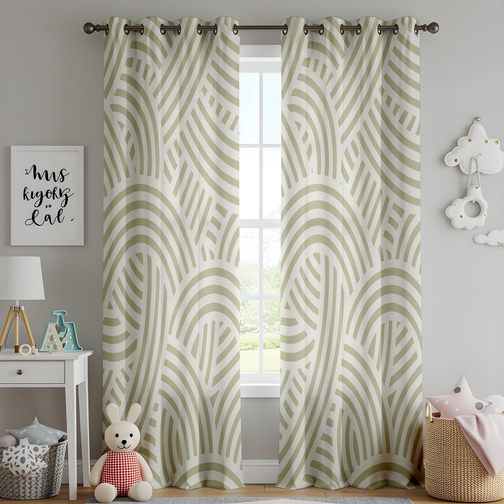 Onay Sage Green Abstract Arch Curtains – Modern Geometric Boho Drapes