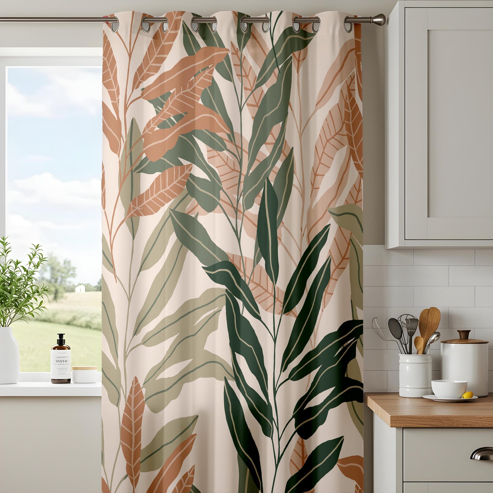 Onay Terracotta Sage Green Leaf Curtains – Modern Boho Botanical Drapes