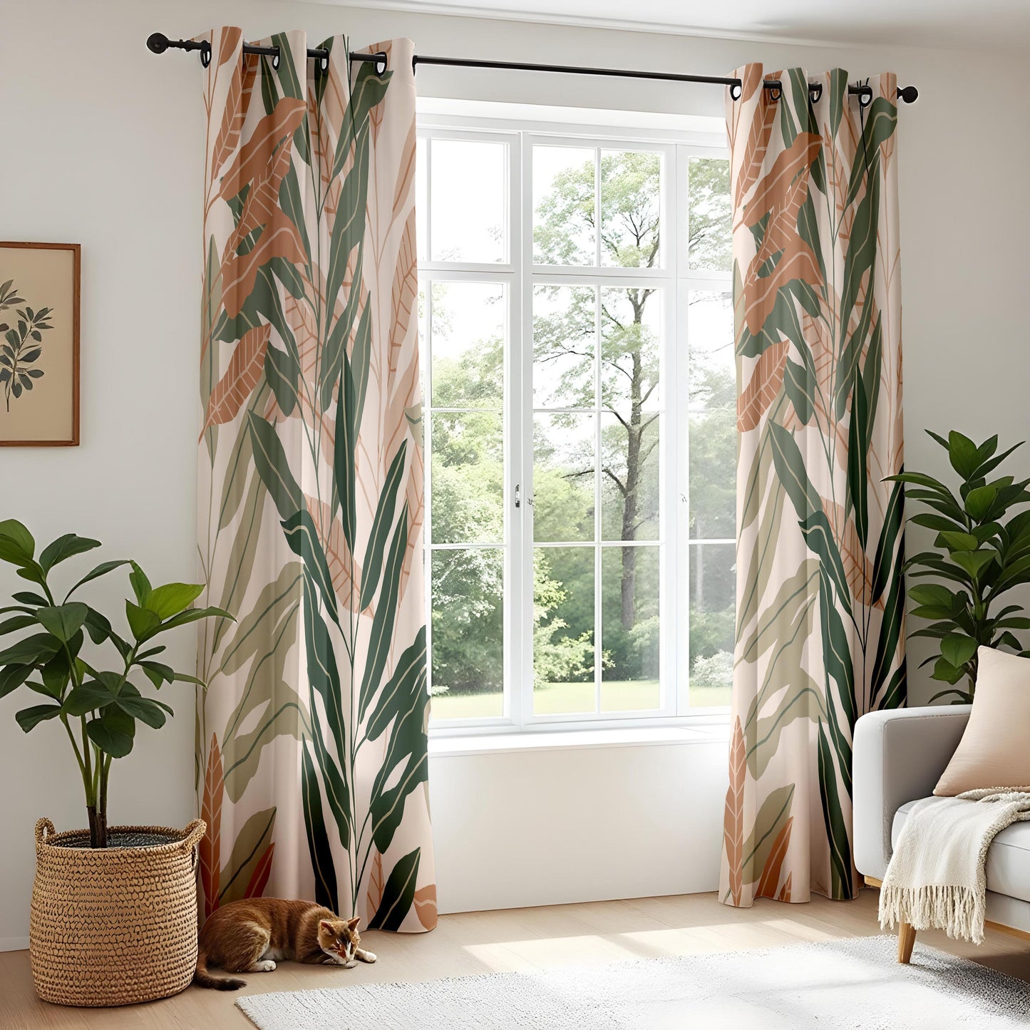 Onay Terracotta Sage Green Leaf Curtains – Modern Boho Botanical Drapes