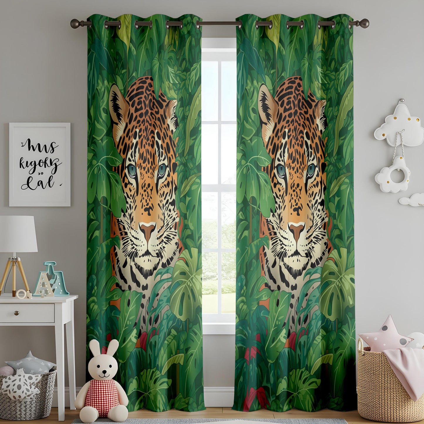 Onay Jungle Leopard Face Curtains – Green Tropical Safari Drapes