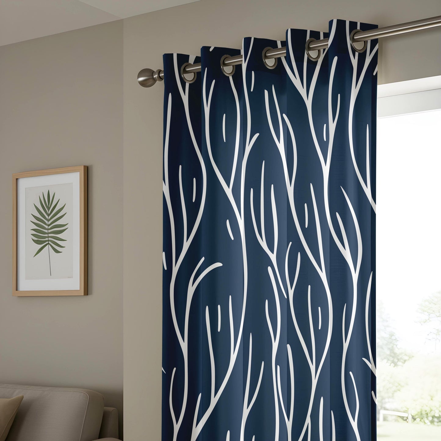 Onay Navy Blue Abstract Branch Curtains – Modern White Line Art Drapes