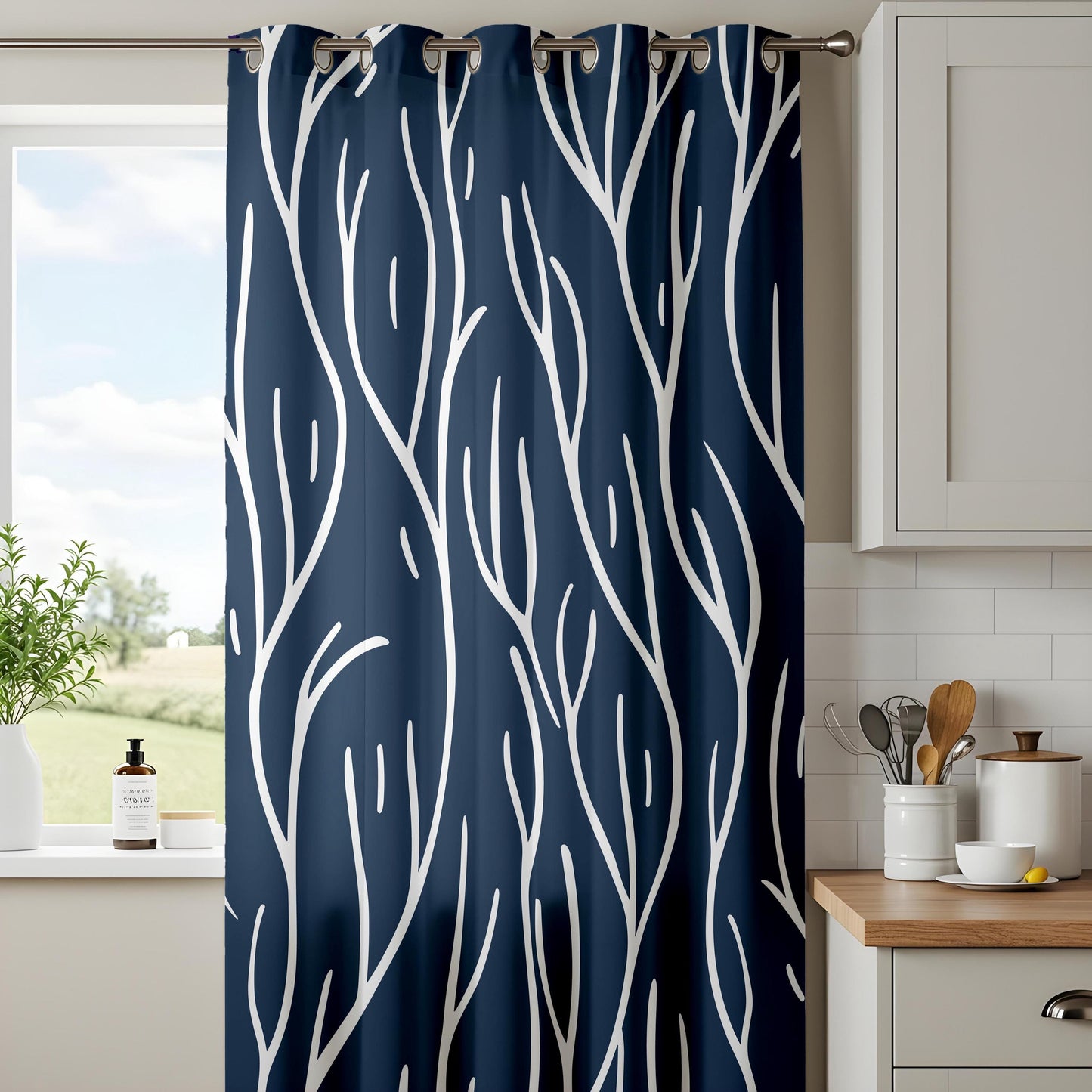 Onay Navy Blue Abstract Branch Curtains – Modern White Line Art Drapes