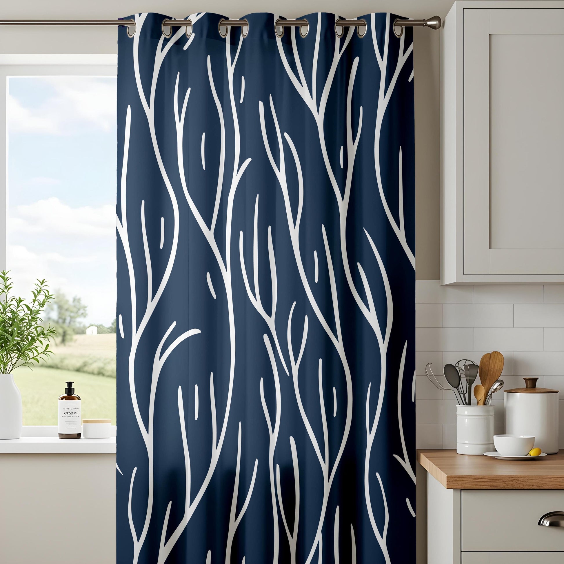 Onay Navy Blue Abstract Branch Curtains – Modern White Line Art Drapes