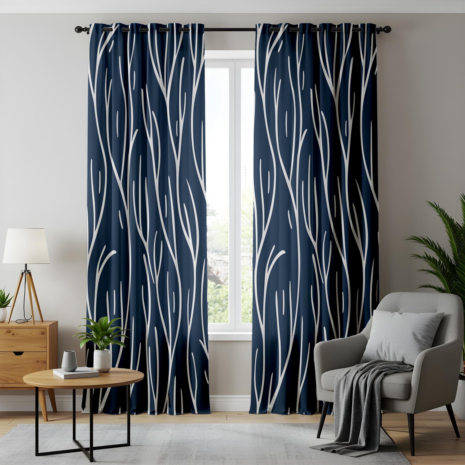 Onay Navy Blue Abstract Branch Curtains – Modern White Line Art Drapes