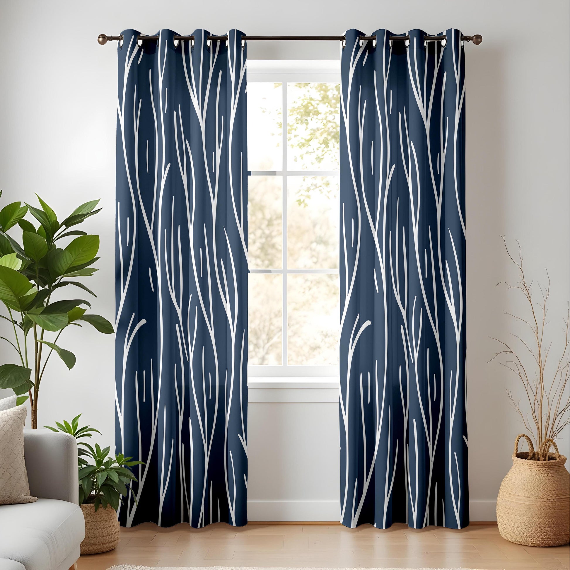 Onay Navy Blue Abstract Branch Curtains – Modern White Line Art Drapes