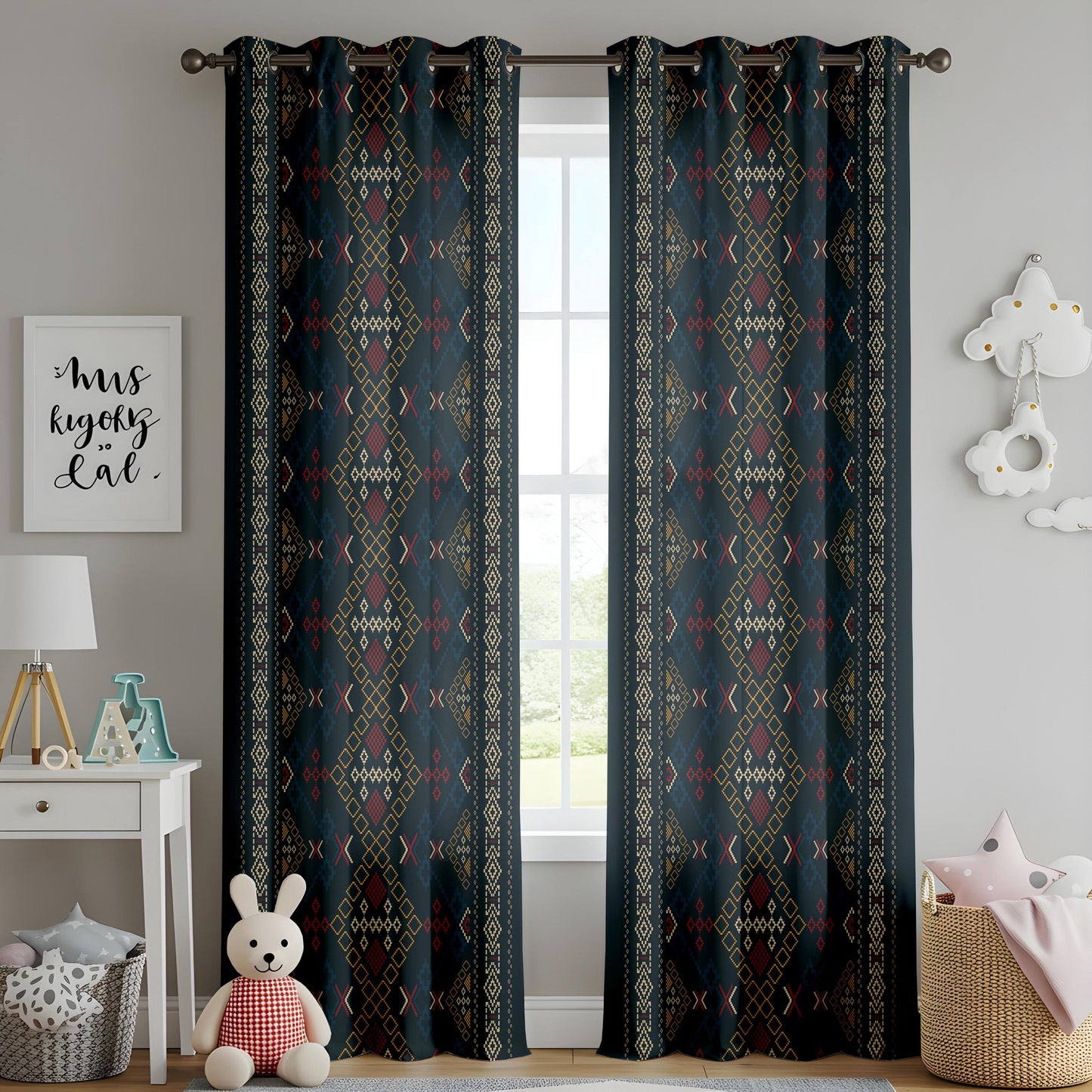 Onay Navy Blue Aztec Tribal Curtains – Southwestern Geometric Boho Drapes