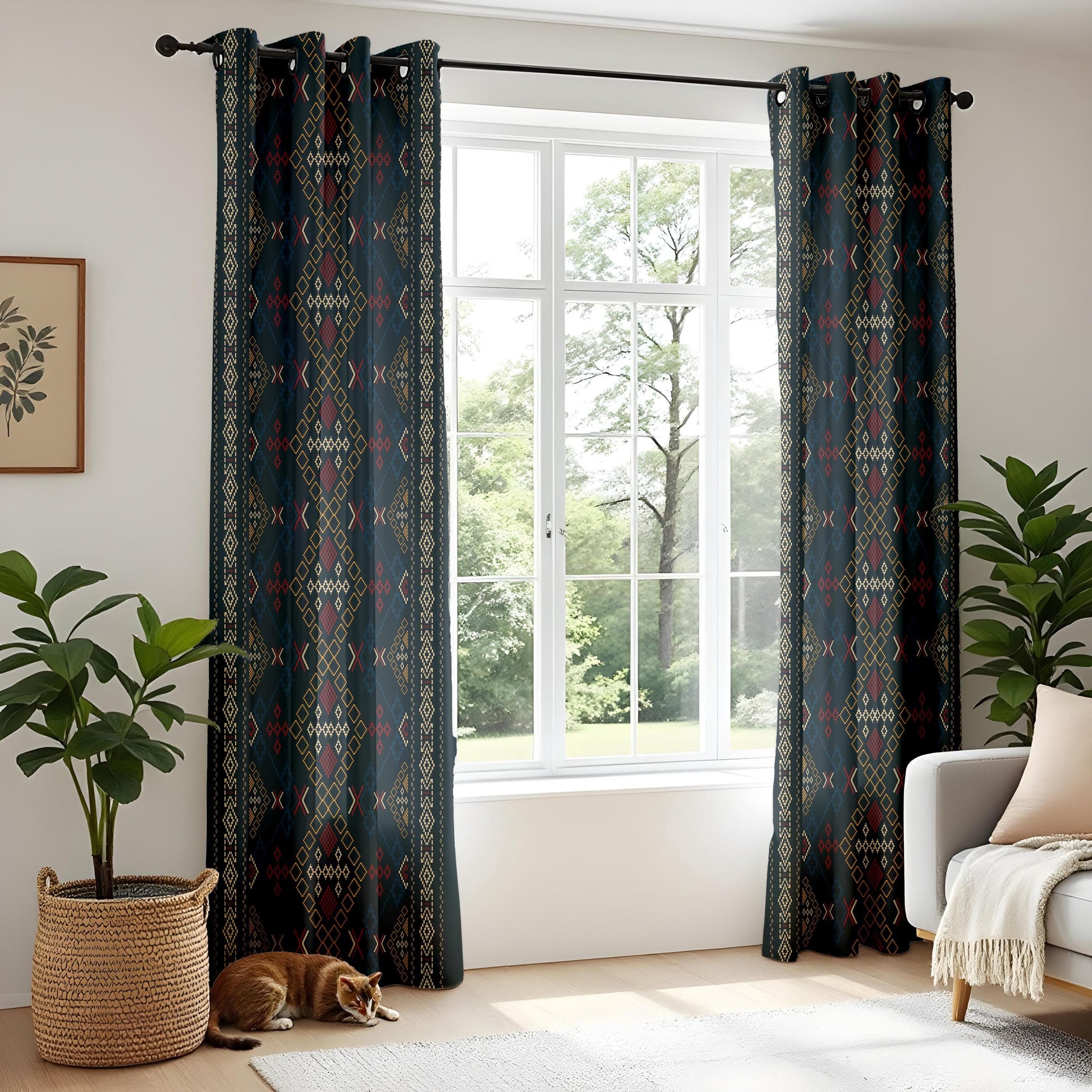 Onay Navy Blue Aztec Tribal Curtains – Southwestern Geometric Boho Drapes