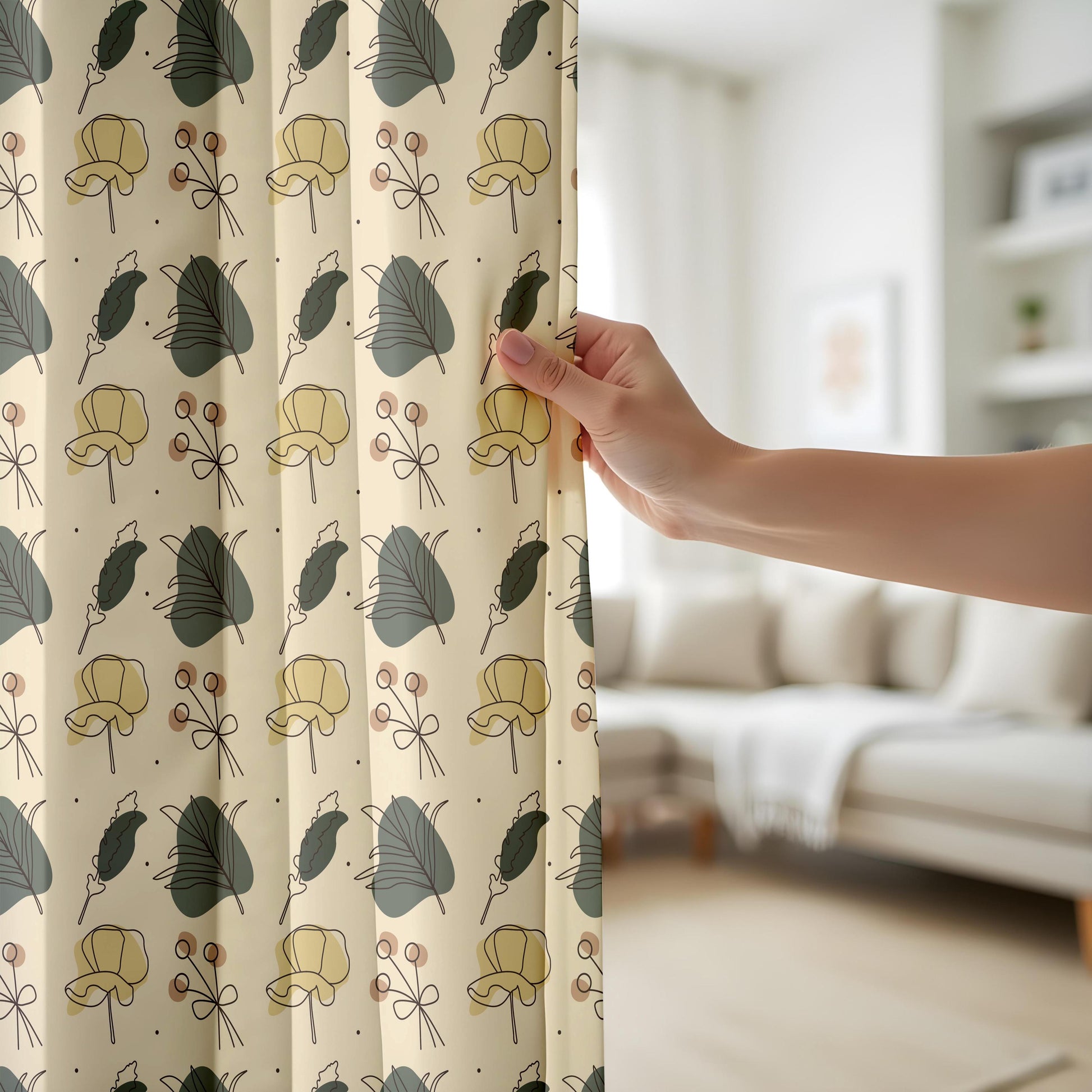 Onay Beige Green Mustard Botanical Curtains – Modern Scandi Leaf Drapes