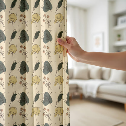Onay Beige Green Mustard Botanical Curtains – Modern Scandi Leaf Drapes