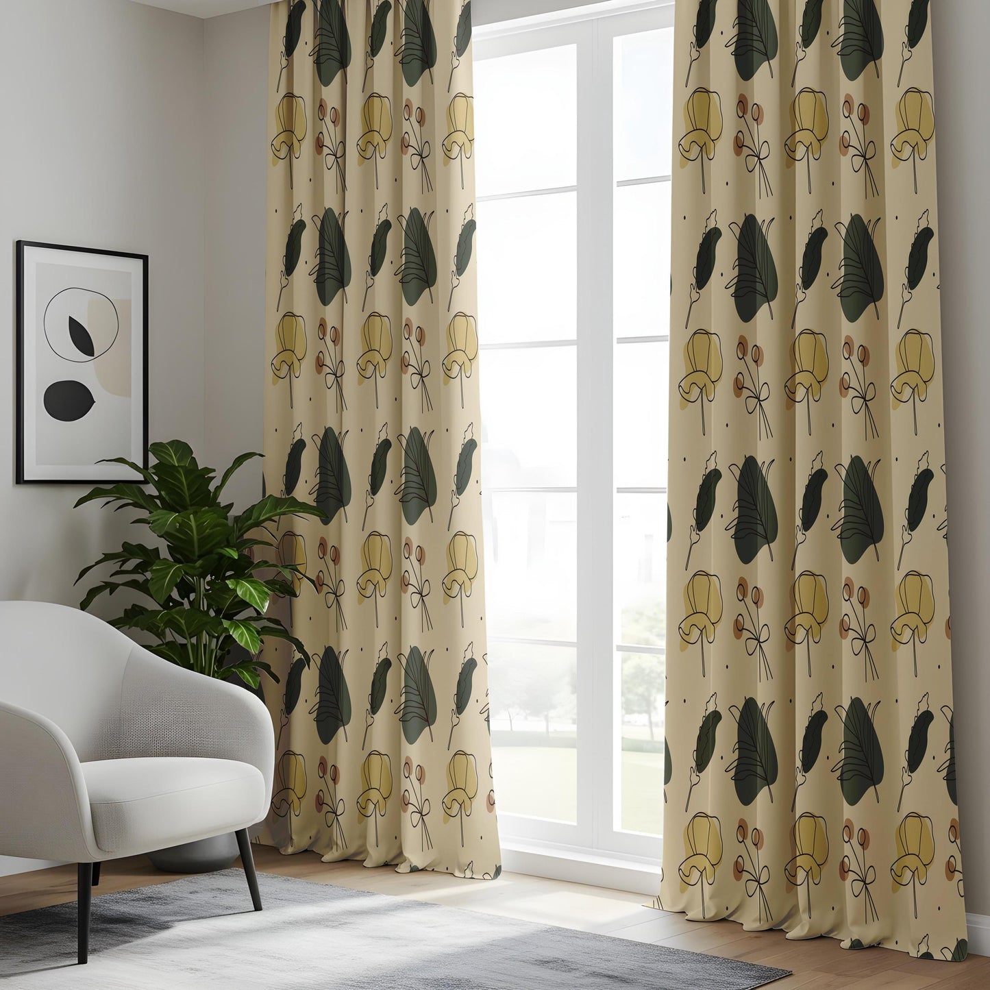 Onay Beige Green Mustard Botanical Curtains – Modern Scandi Leaf Drapes