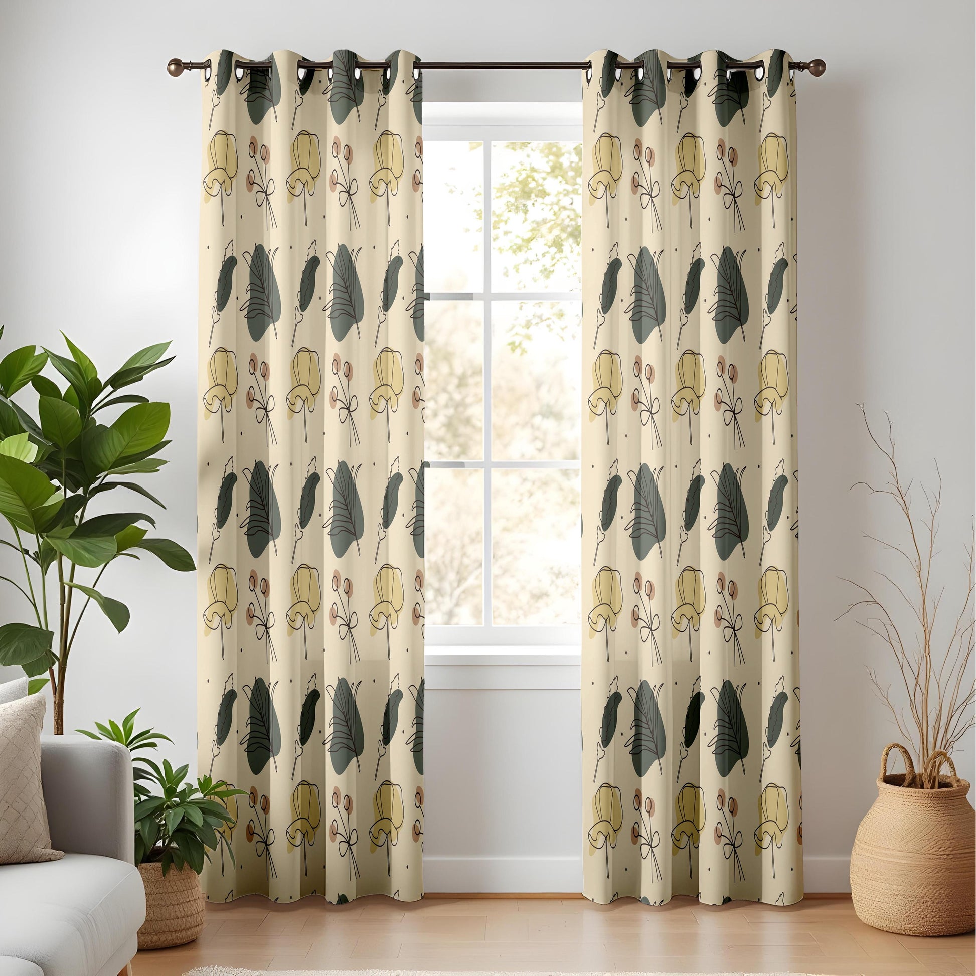 Onay Beige Green Mustard Botanical Curtains – Modern Scandi Leaf Drapes
