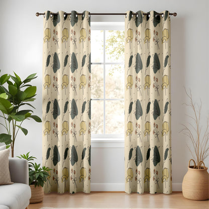 Onay Beige Green Mustard Botanical Curtains – Modern Scandi Leaf Drapes