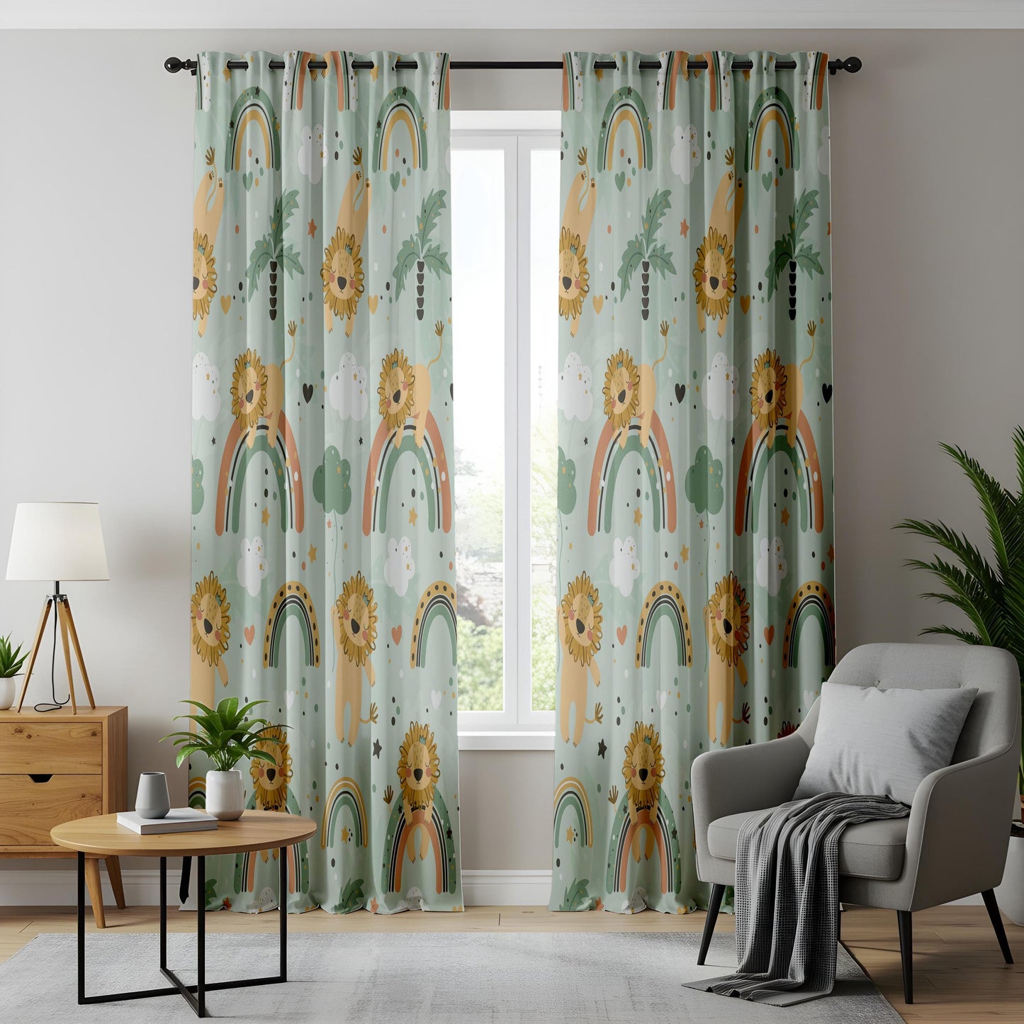 Onay Mint Green Lion Rainbow Curtains – Boho Nursery Decor