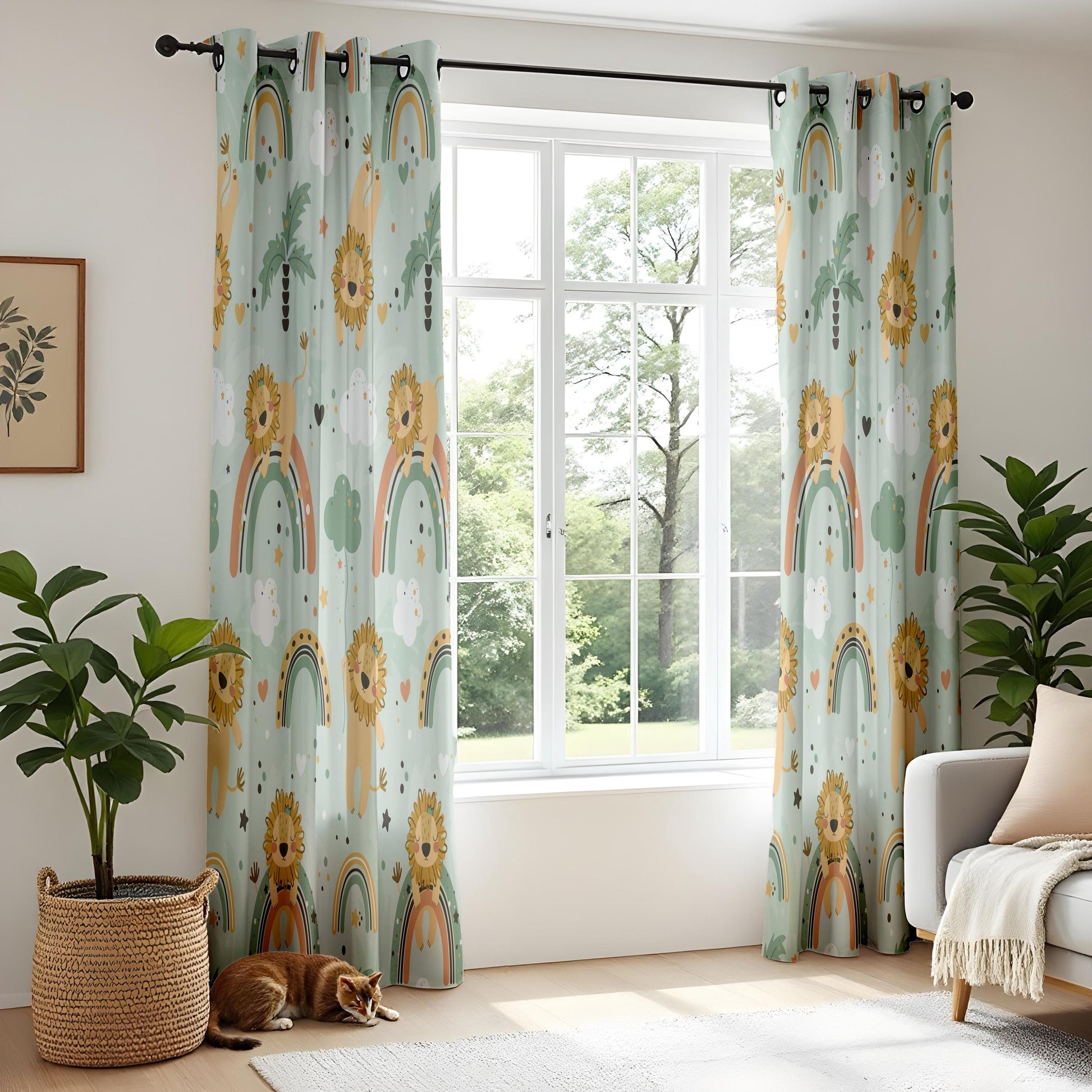 Onay Mint Green Lion Rainbow Curtains – Boho Nursery Decor