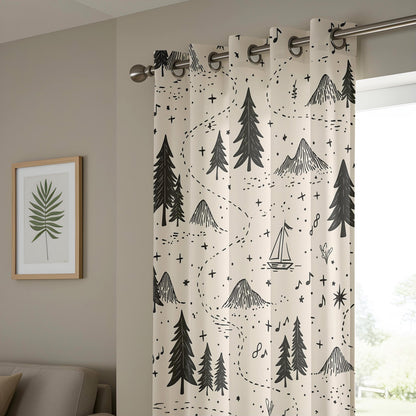 Onay Adventure Map Nursery Curtains – Beige Black/Gray Mountain Forest Drapes