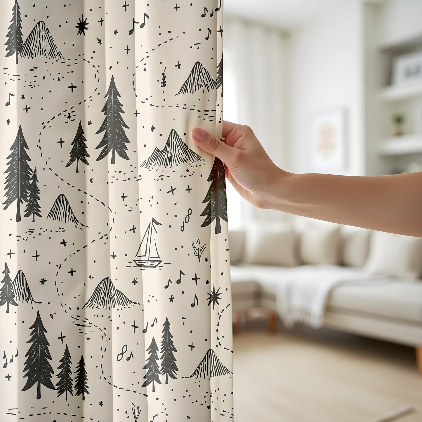 Onay Adventure Map Nursery Curtains – Beige Black/Gray Mountain Forest Drapes