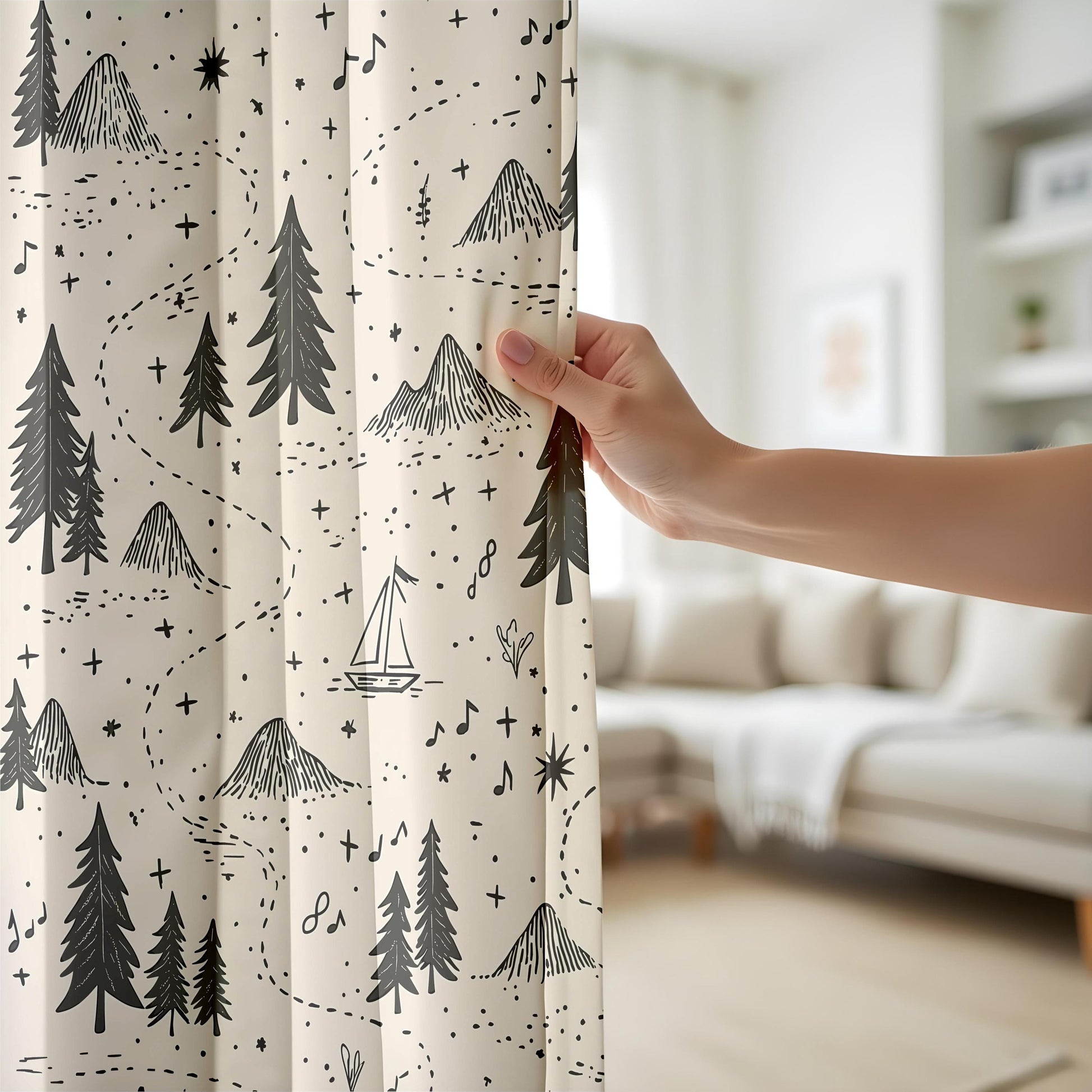 Onay Adventure Map Nursery Curtains – Beige Black/Gray Mountain Forest Drapes