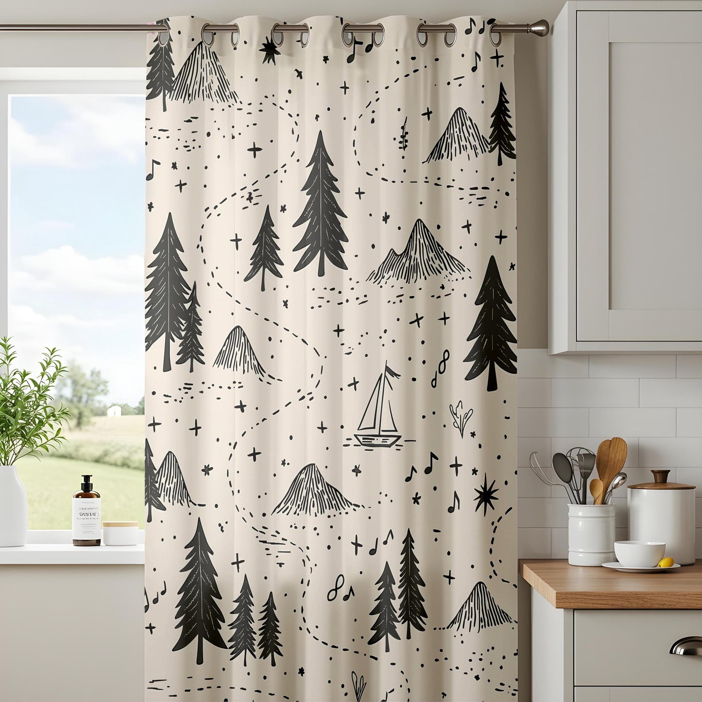 Onay Adventure Map Nursery Curtains – Beige Black/Gray Mountain Forest Drapes