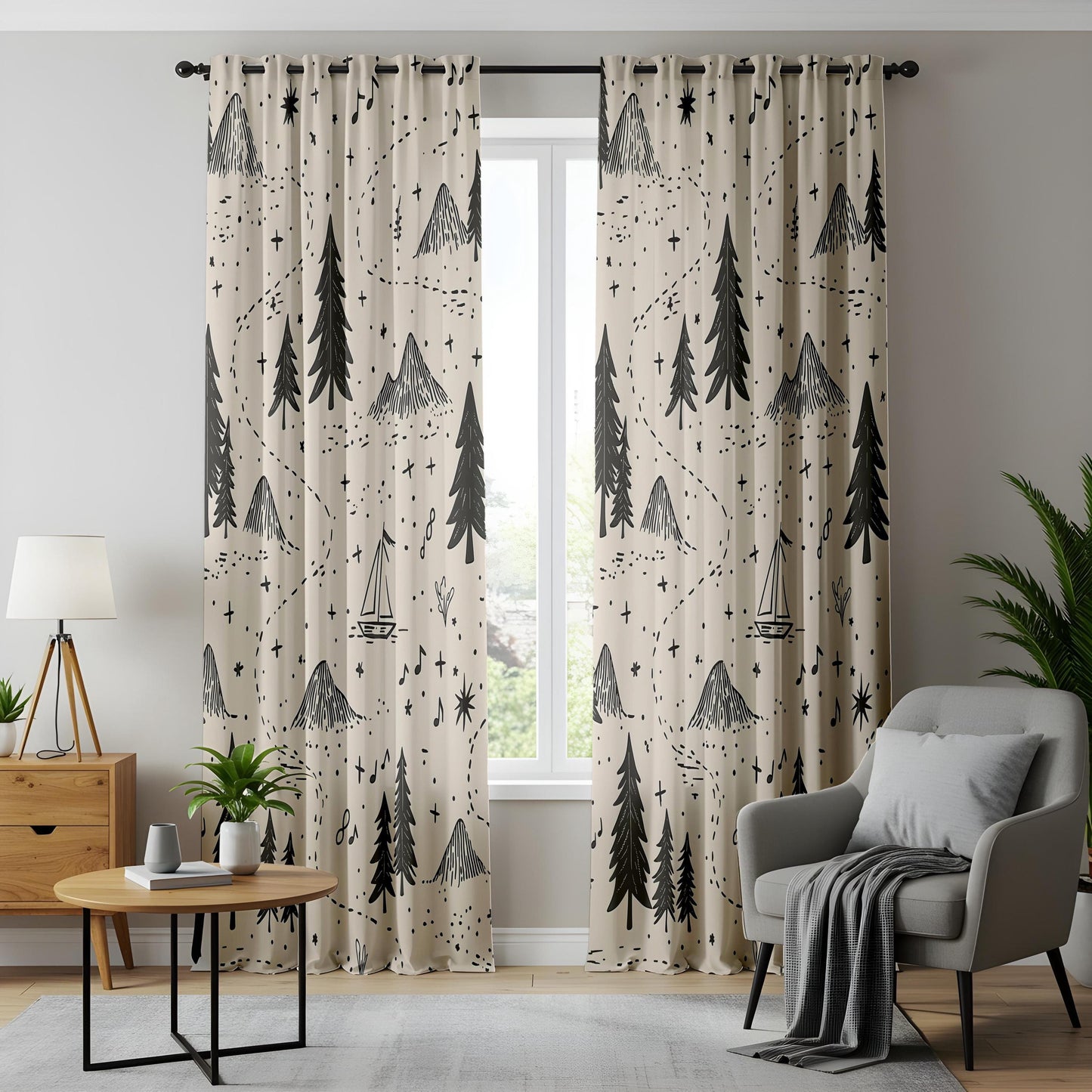 Onay Adventure Map Nursery Curtains – Beige Black/Gray Mountain Forest Drapes