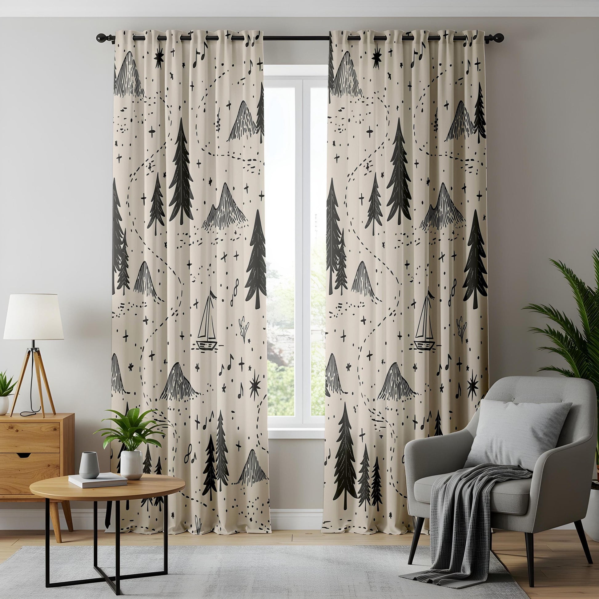 Onay Adventure Map Nursery Curtains – Beige Black/Gray Mountain Forest Drapes