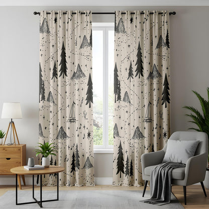 Onay Adventure Map Nursery Curtains – Beige Black/Gray Mountain Forest Drapes