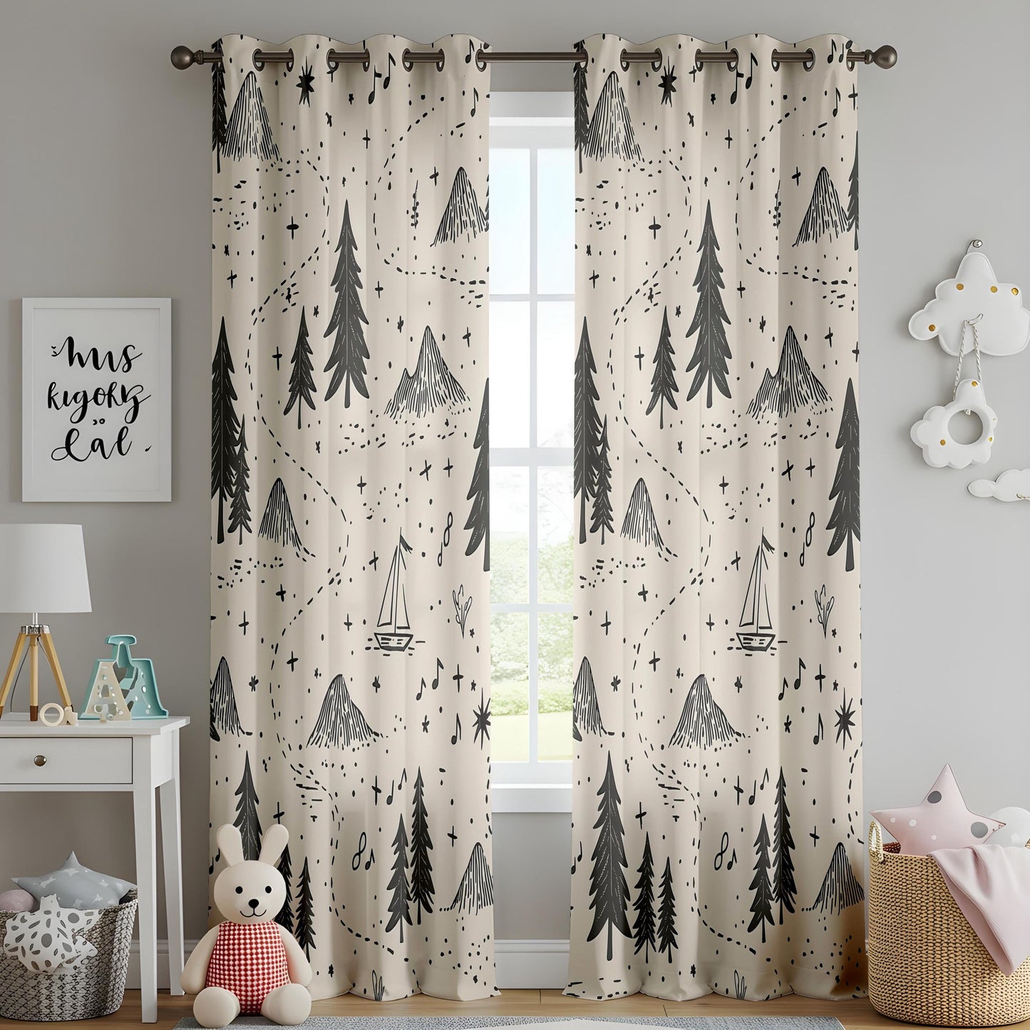 Onay Adventure Map Nursery Curtains – Beige Black/Gray Mountain Forest Drapes