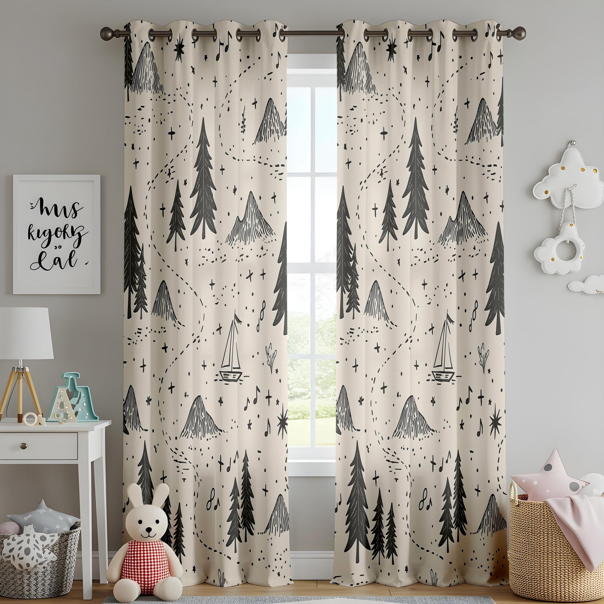 Onay Adventure Map Nursery Curtains – Beige Black/Gray Mountain Forest Drapes