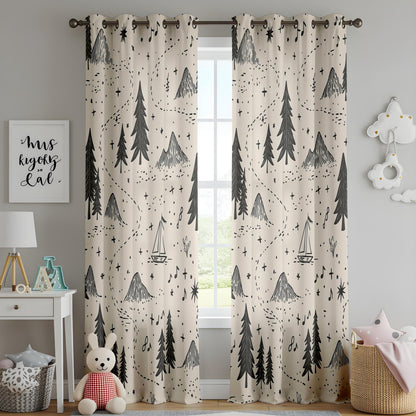 Onay Adventure Map Nursery Curtains – Beige Black/Gray Mountain Forest Drapes