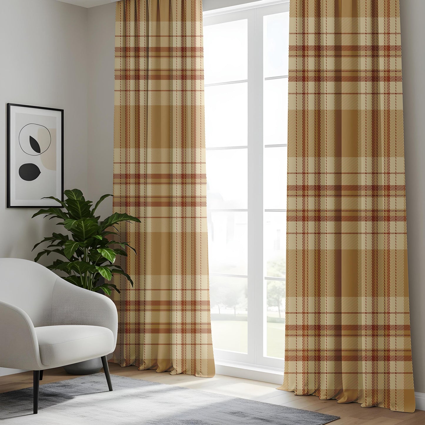 Onay Beige Brown Plaid Curtains – Rustic Farmhouse Tartan Drapes