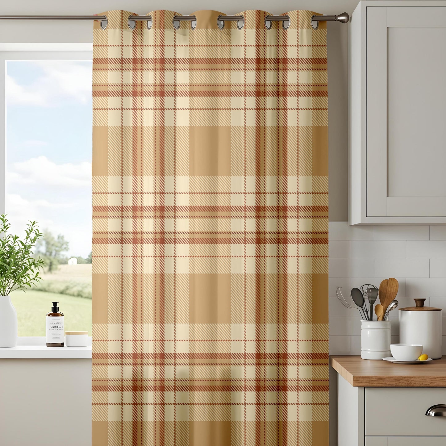 Onay Beige Brown Plaid Curtains – Rustic Farmhouse Tartan Drapes