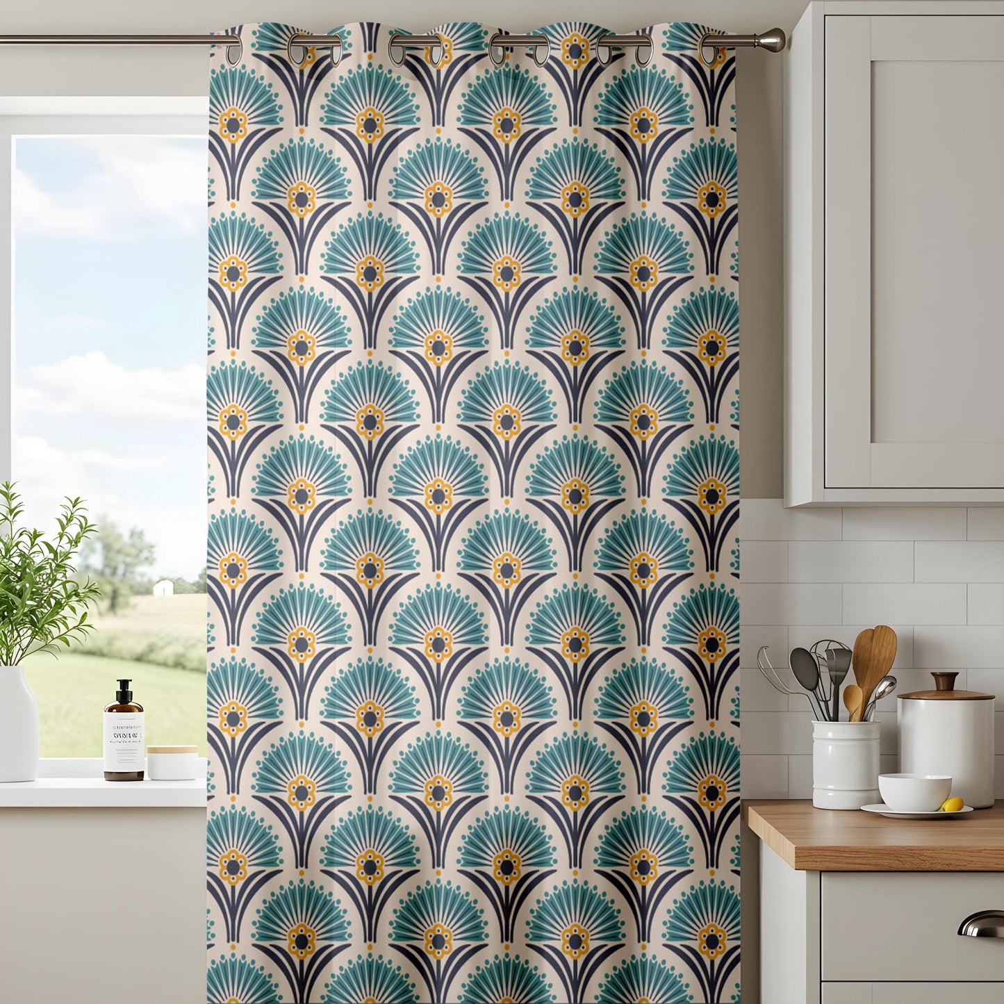 Onay Teal Art Deco Fan Curtains – Peacock Feather Pattern Drapes