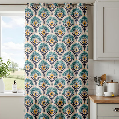Onay Teal Art Deco Fan Curtains – Peacock Feather Pattern Drapes