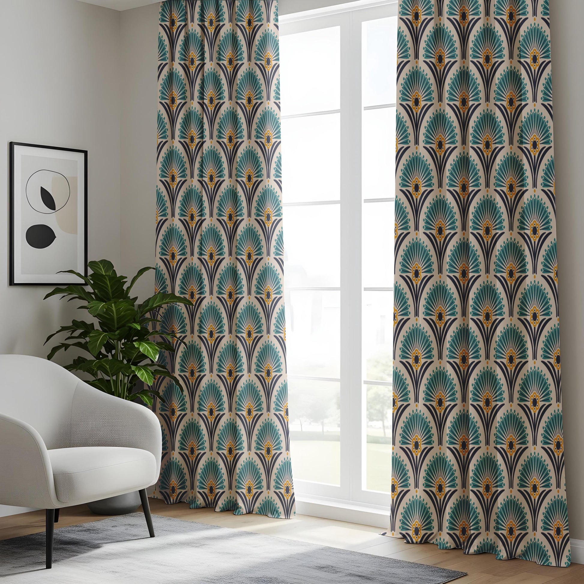 Onay Teal Art Deco Fan Curtains – Peacock Feather Pattern Drapes