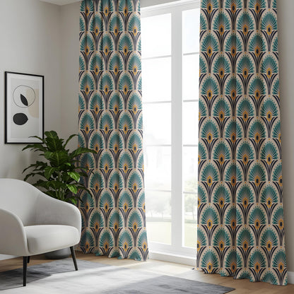 Onay Teal Art Deco Fan Curtains – Peacock Feather Pattern Drapes