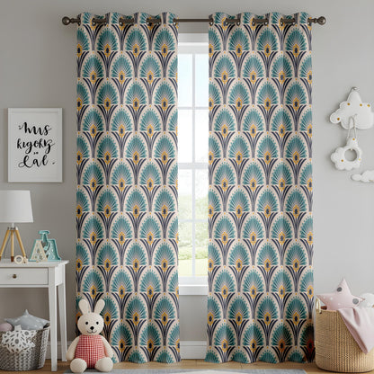 Onay Teal Art Deco Fan Curtains – Peacock Feather Pattern Drapes